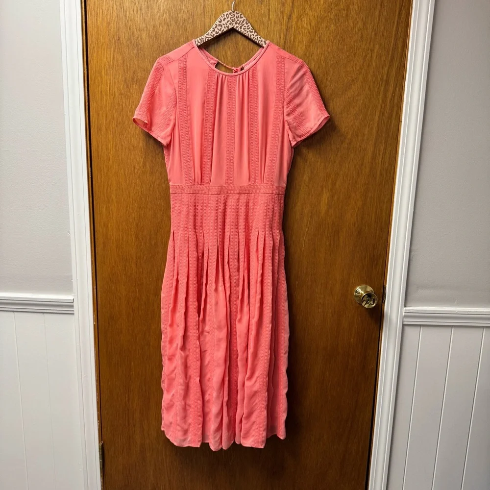 J. Crew Embroidered Flowy Chiffon Short Sleeve Pleated Skirt Midi Dress Pink 6